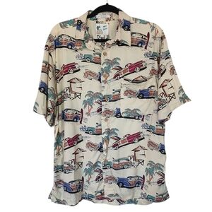 M.E. Sport Classic Vintage Car Palm Tree Print Casual Button Down Shirt Large